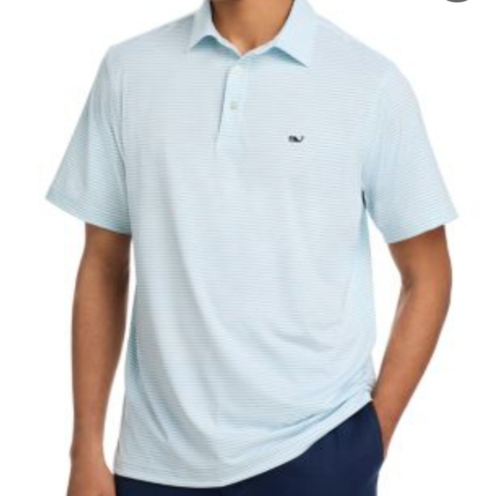 NWOT Vineyard Vines Mens St. Jean Stripe Sankaty Polo Shirt Light Aqua Stripe2XT